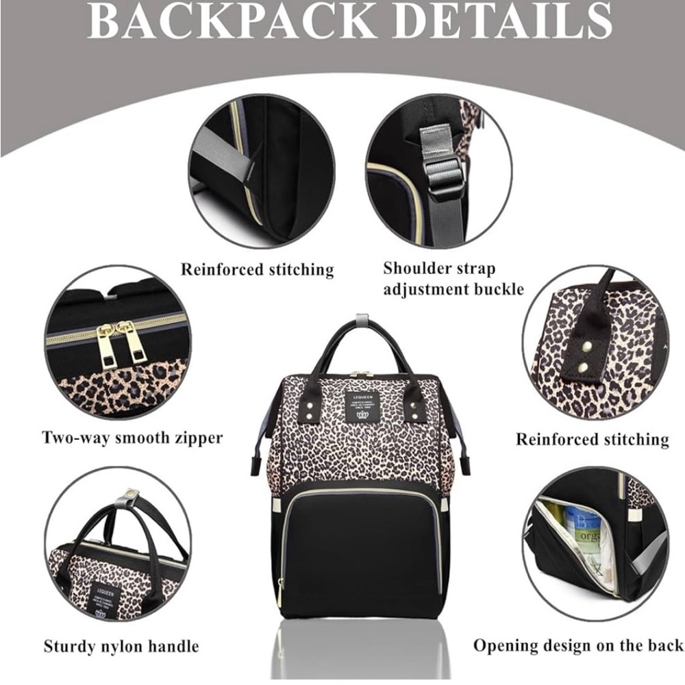 LEQUEEN Diaper bag / Backpack, Black and White Patterned, Sophisticated Design - Picture 3 of 8